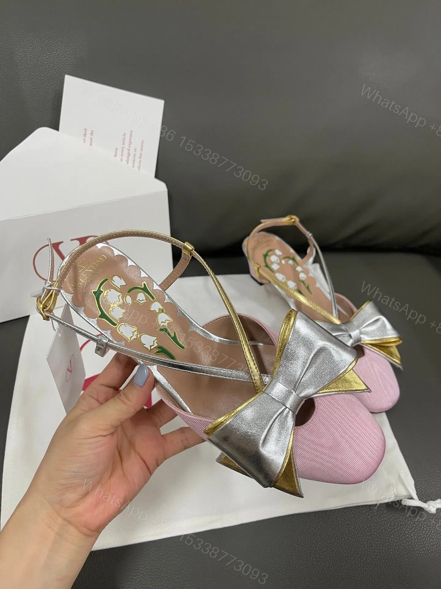 View 4 of Valentino Women Pink And Gold Leather Flats