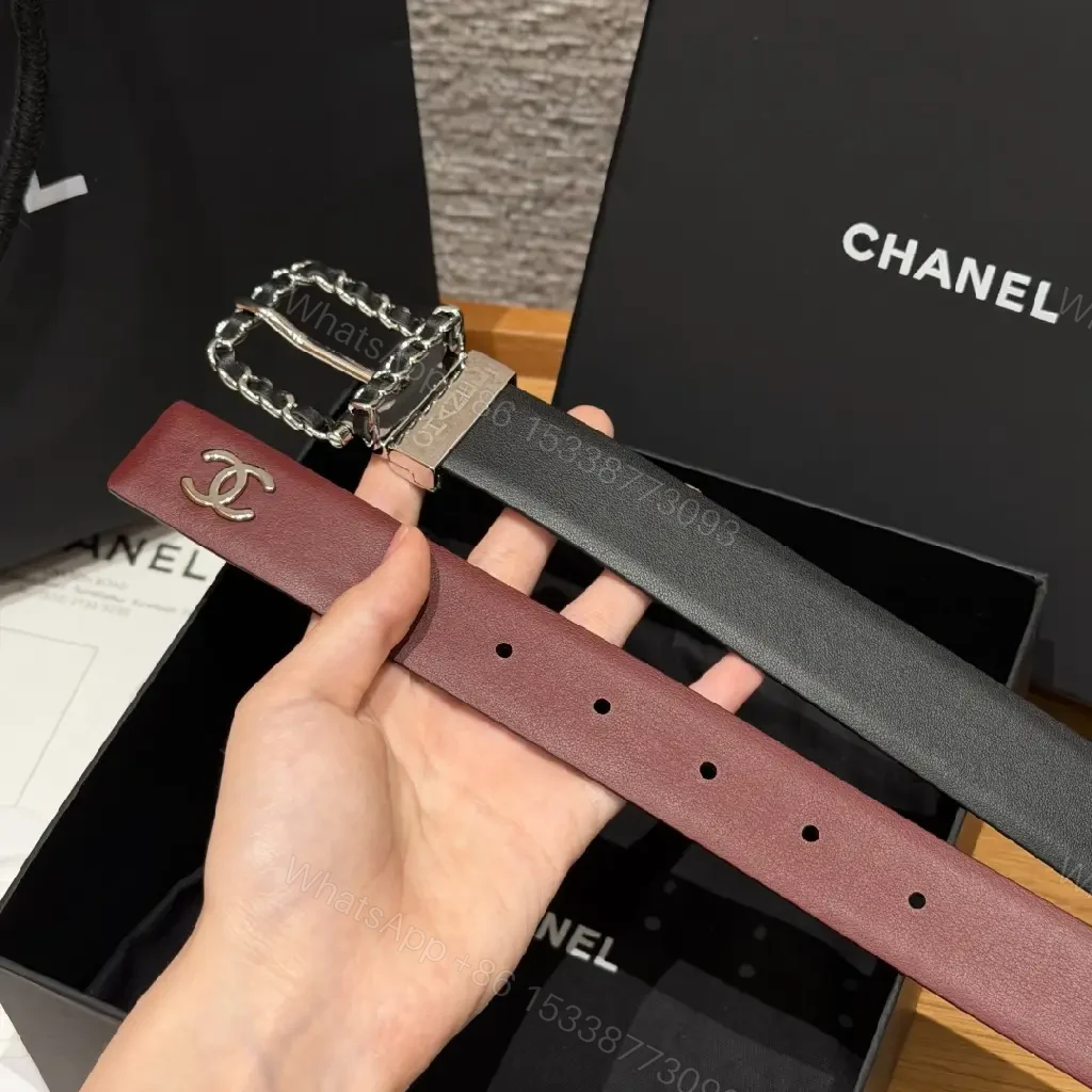 View 3 of Black Leather Belt - Silver Buckle, Chain-Link, Chanel-Style Logo