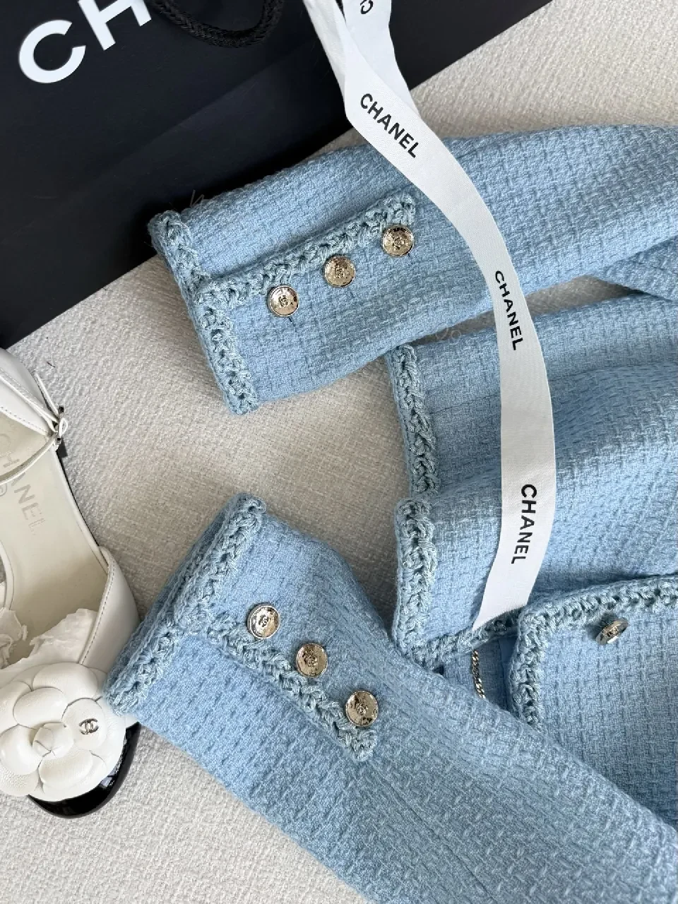 View 7 of Soft Blue Tweed Jacket with Fringe Detail, Light-Cropped Style