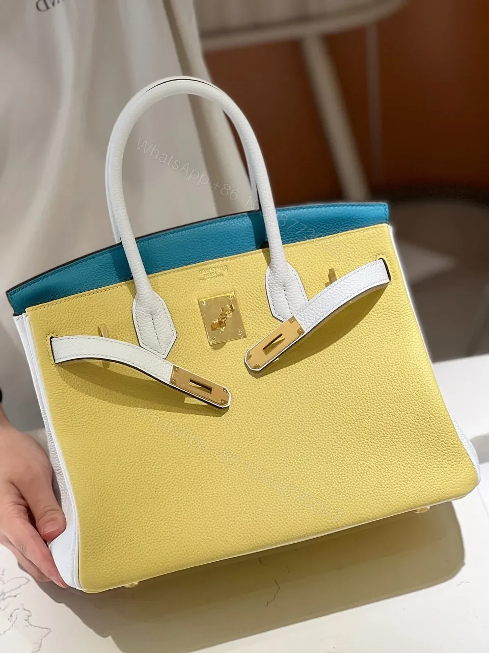 View 7 of HN Lime, Bleu de Galice and Gris Perle Chèvre Tri-Color HSS 25 Brushed Gold Hardware