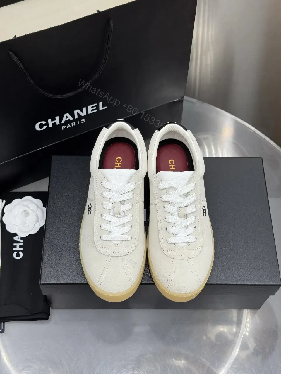 View 4 of Beige Leather Style Sneakers with Gum Sole