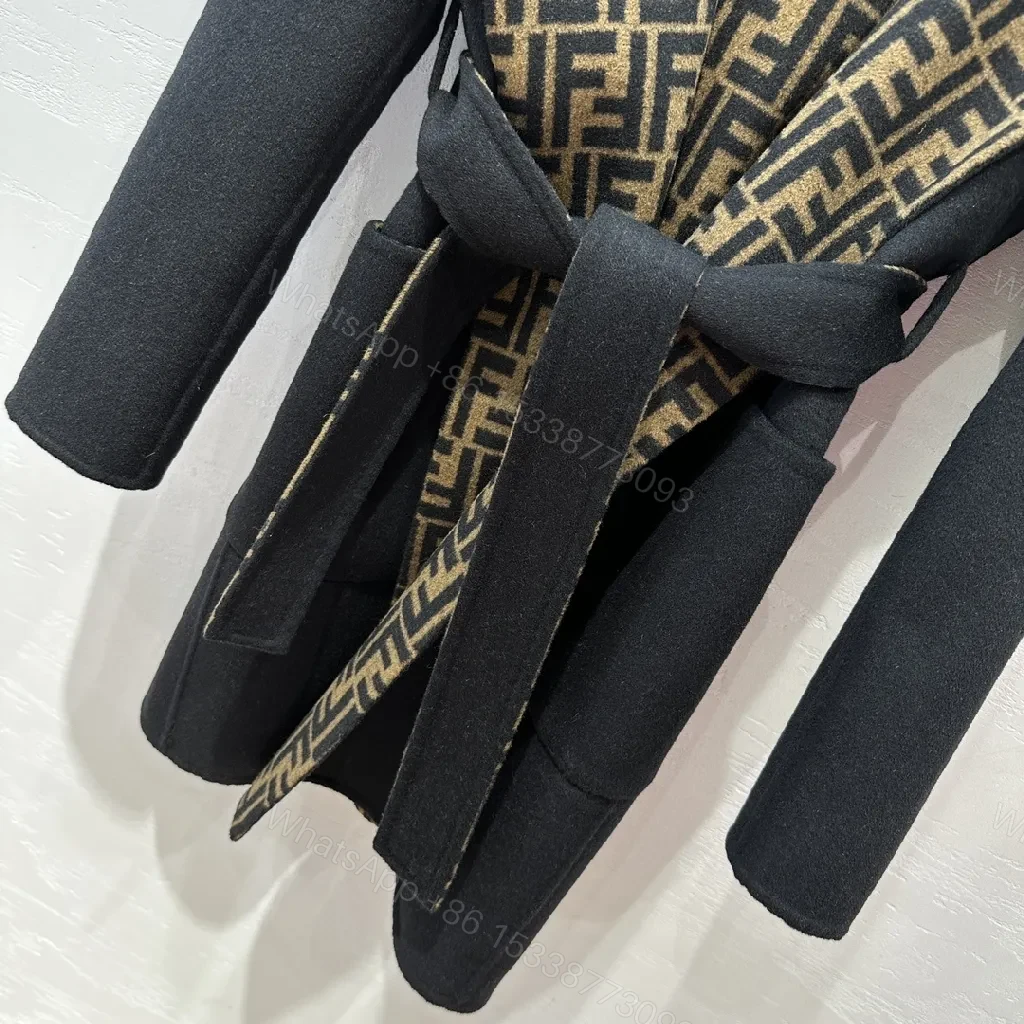 View 9 of Bold Wool-Blend Wrap Coat with Logo-Pattern Overlay