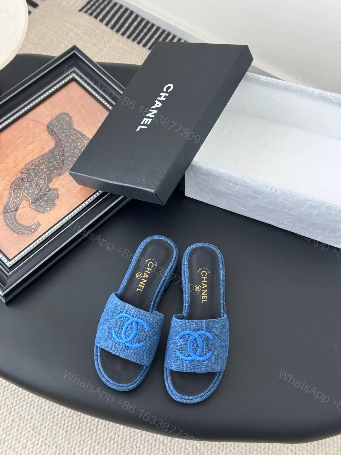 Chanel Women Blue Denim Slides — view 1