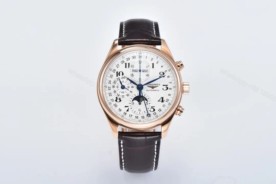 Longines Master Collection Moonphase Chronograph Watch Rose Gold with White Dial and Brown Leather Strap — view 1