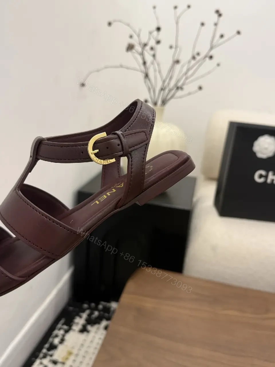 View 2 of Burgundy Leather Gladiator Sandals Gold Logo Chanel Style Sandals