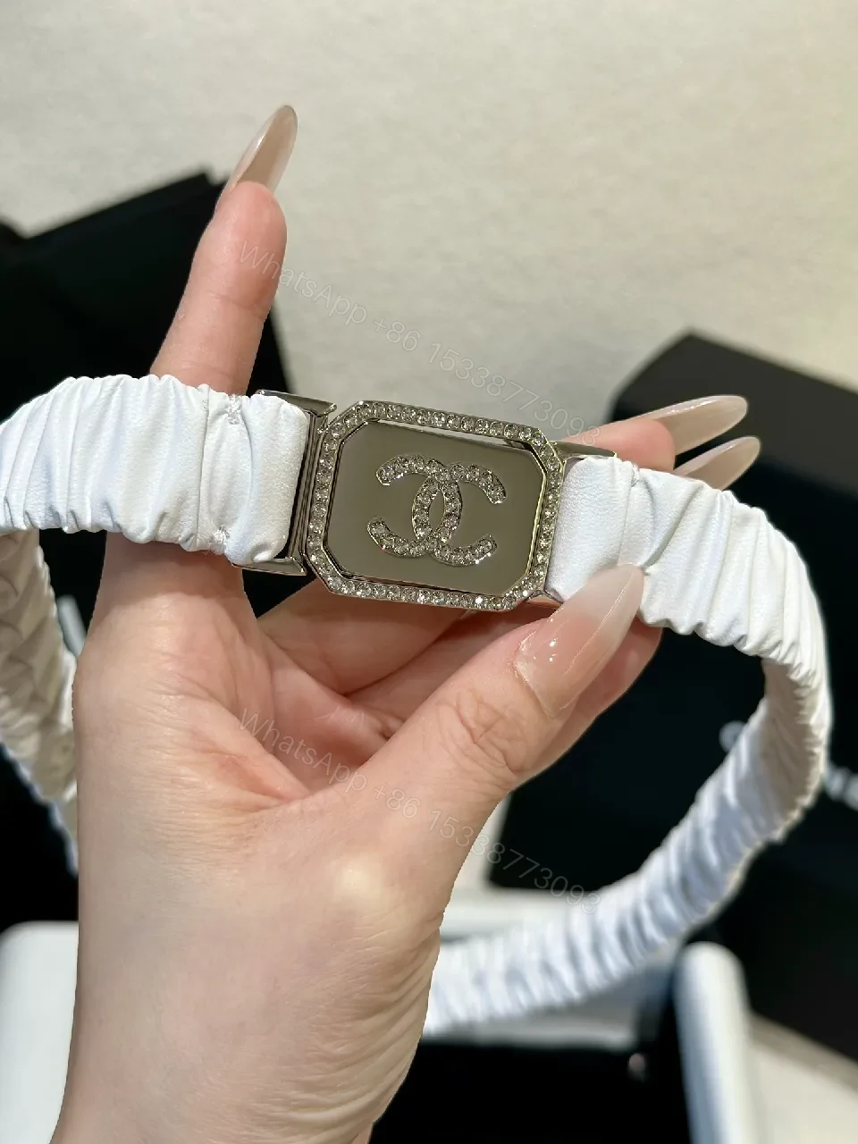 View 8 of Lux White Strap Belt-Style Watch: Pavé Logo Bezel