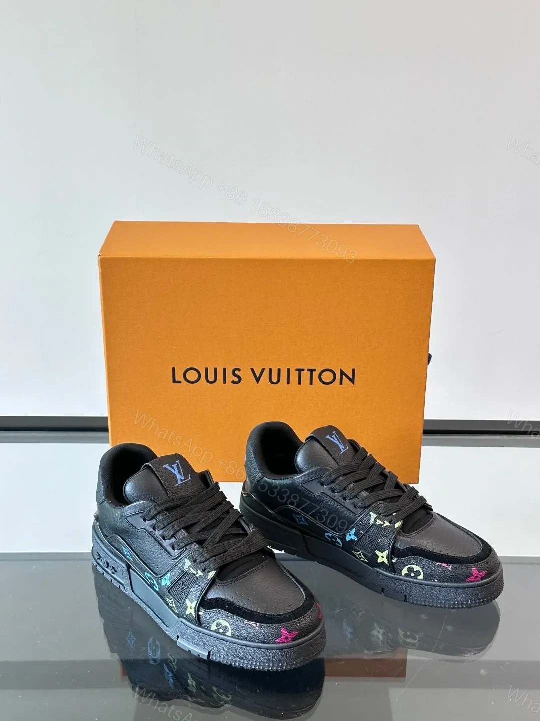 View 5 of LV Men Black Leather Sneakers With Multicolor Accents