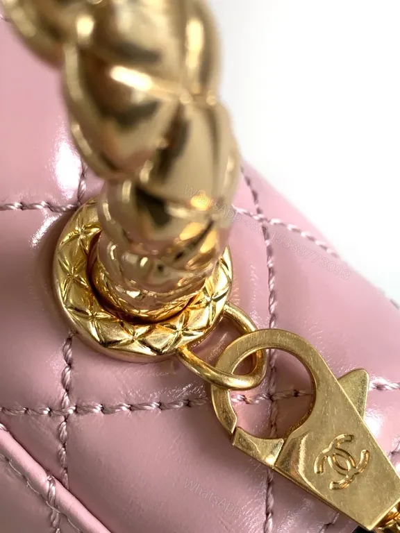 View 8 of Soft-Gloss Quilted Pink Handbag with Gold Chain Top Handle