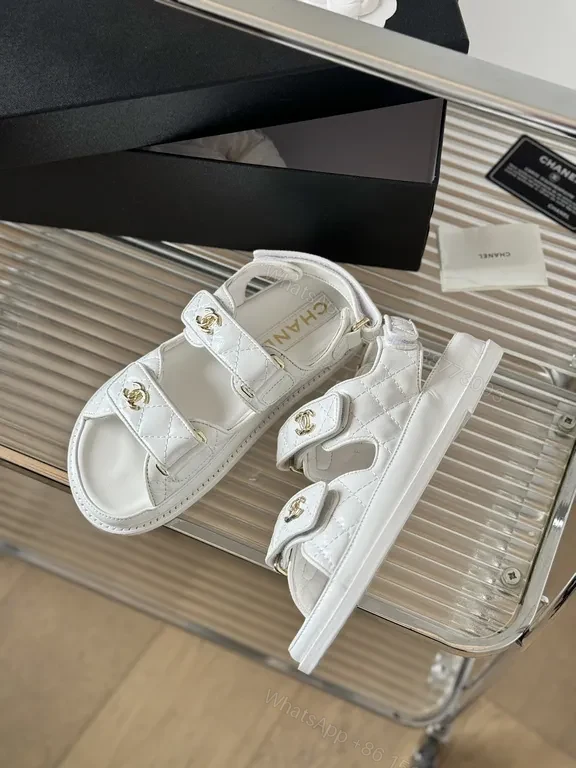 View 7 of Quilted Metallic White Sandals with Gold Hardware - Luxury Style