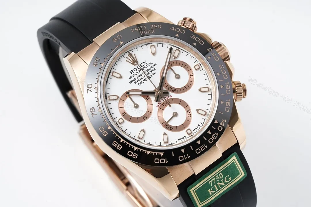 View 4 of Clean Factory KING ROLEX Daytona Rose Gold White Dial Rubber Strap Watch – Premium Replica with 7750 Movement