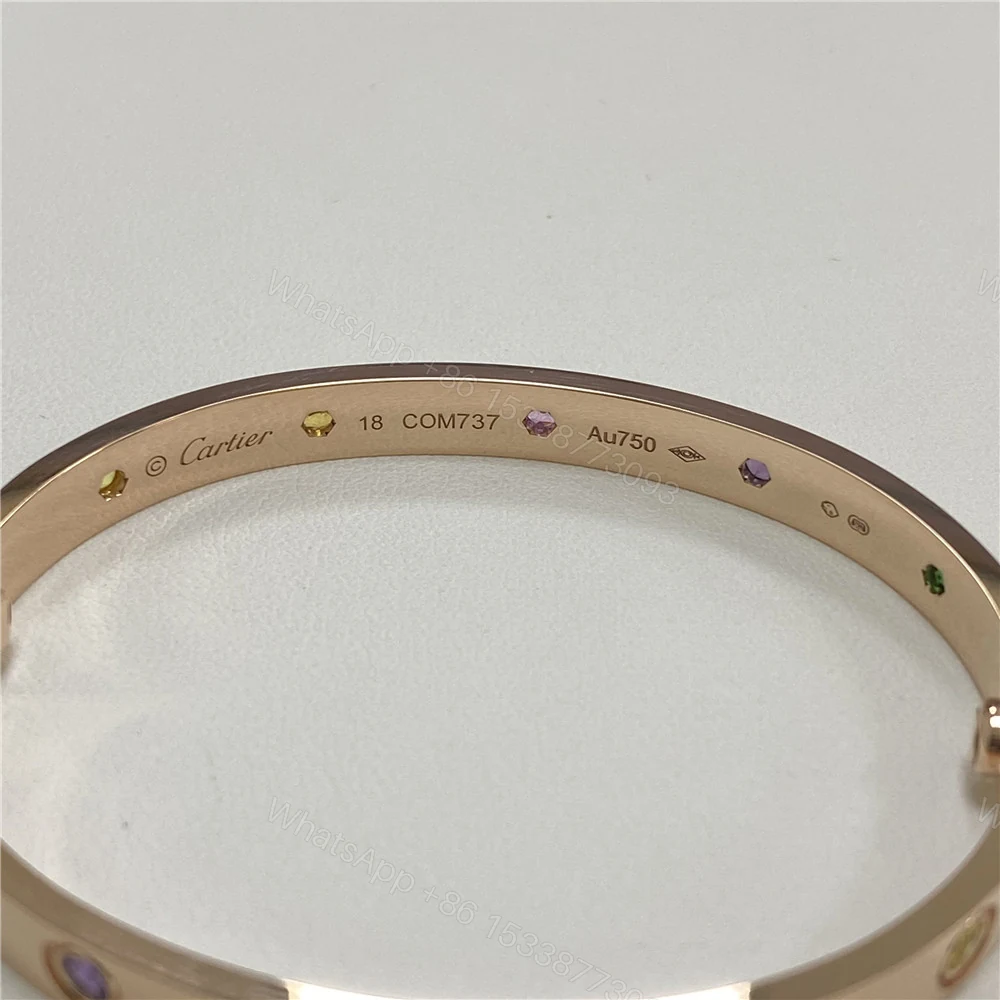 View 7 of Fake Cartier 18ct Rose Gold Rainbow Love Bracelet 10 Gemstones