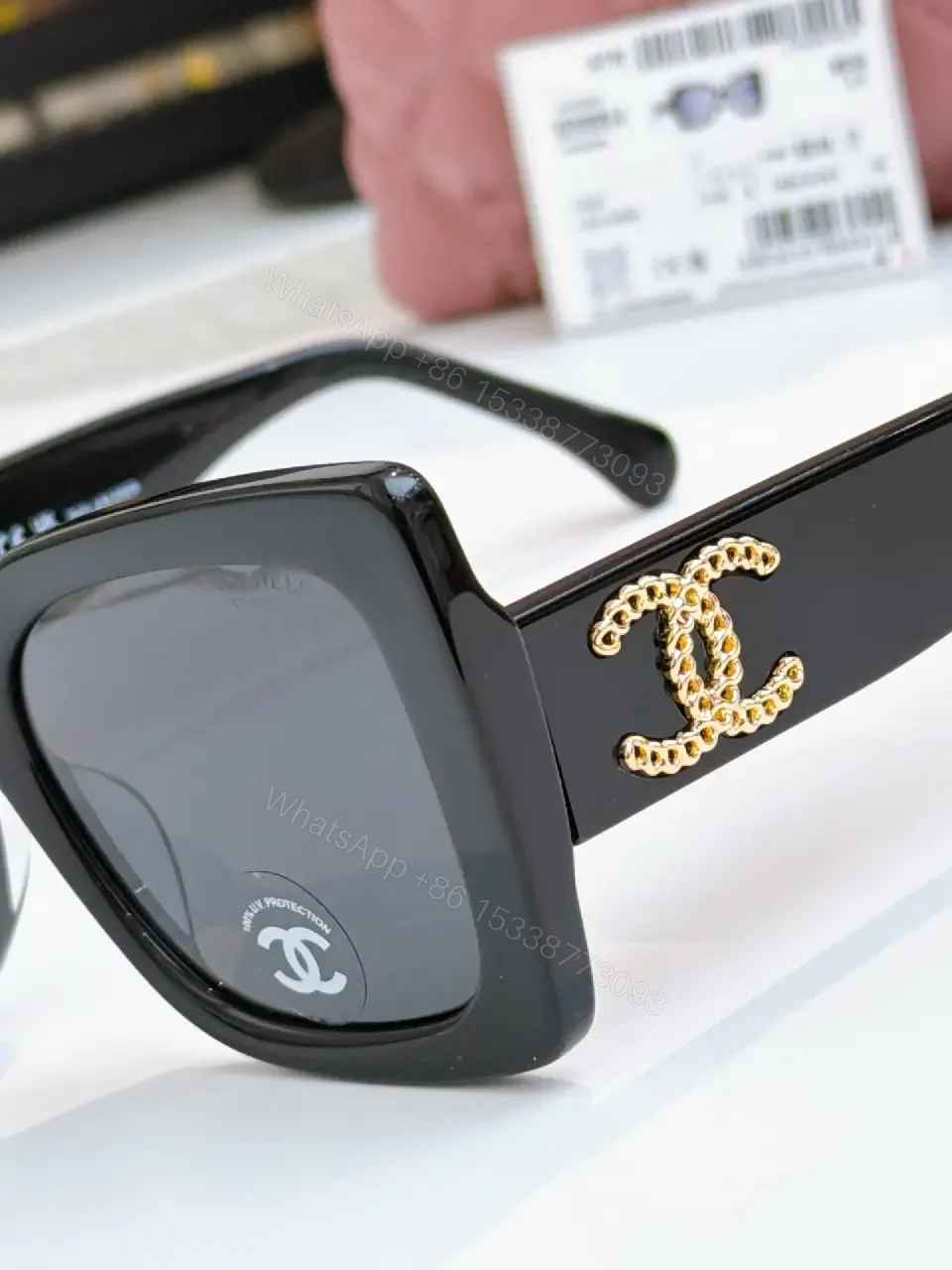 View 5 of Oversized Black Acetate Sunglasses with Gold Logo Details