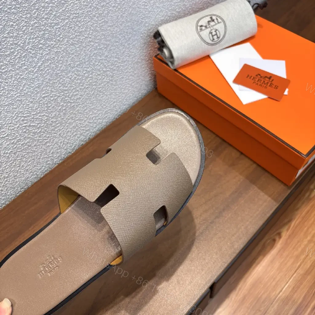View 4 of Beige Leather Hermès-Style Slide Sandals with Cutout Strap