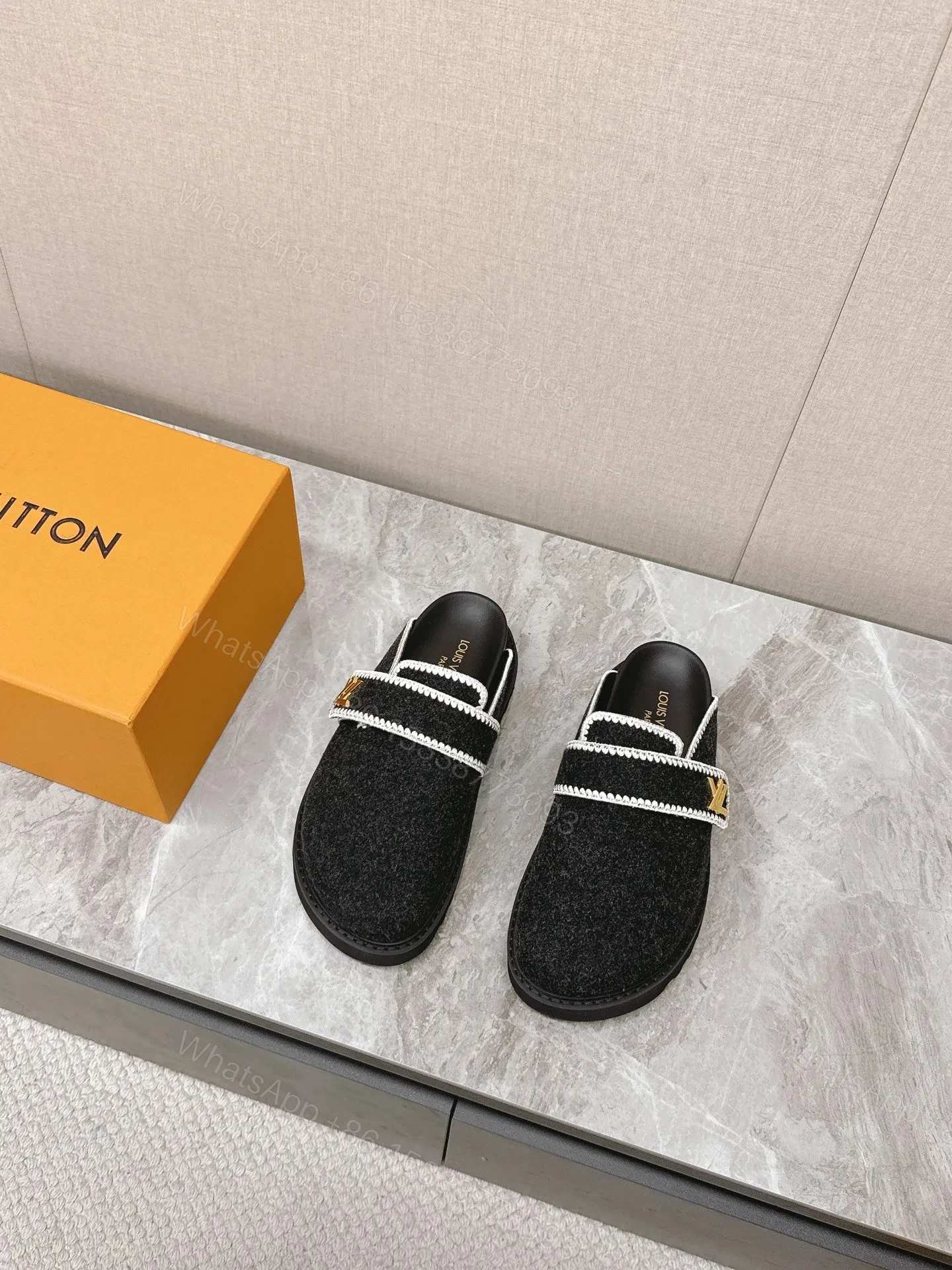 View 4 of LV Women Black Felt Leather Trim Mules
