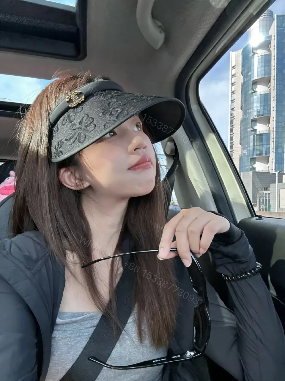 View 4 of Floral Visor: Embroidered Leather-Trim Leader Luxury Visor