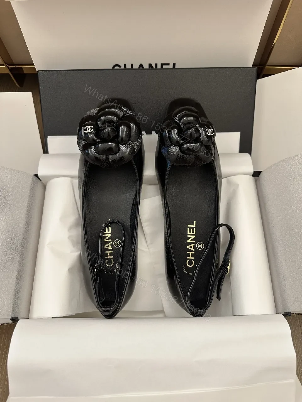 View 9 of Glam Black Patent Flats with Floral Overlay, Slip-On Shoes