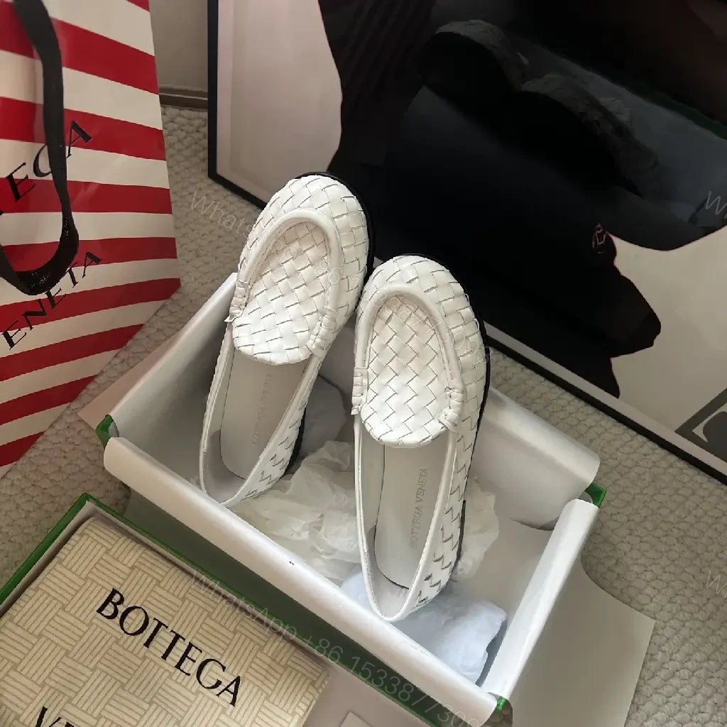 View 8 of White Leather Woven Loafers, Slip-On Style, Bottega Inspired Shoes