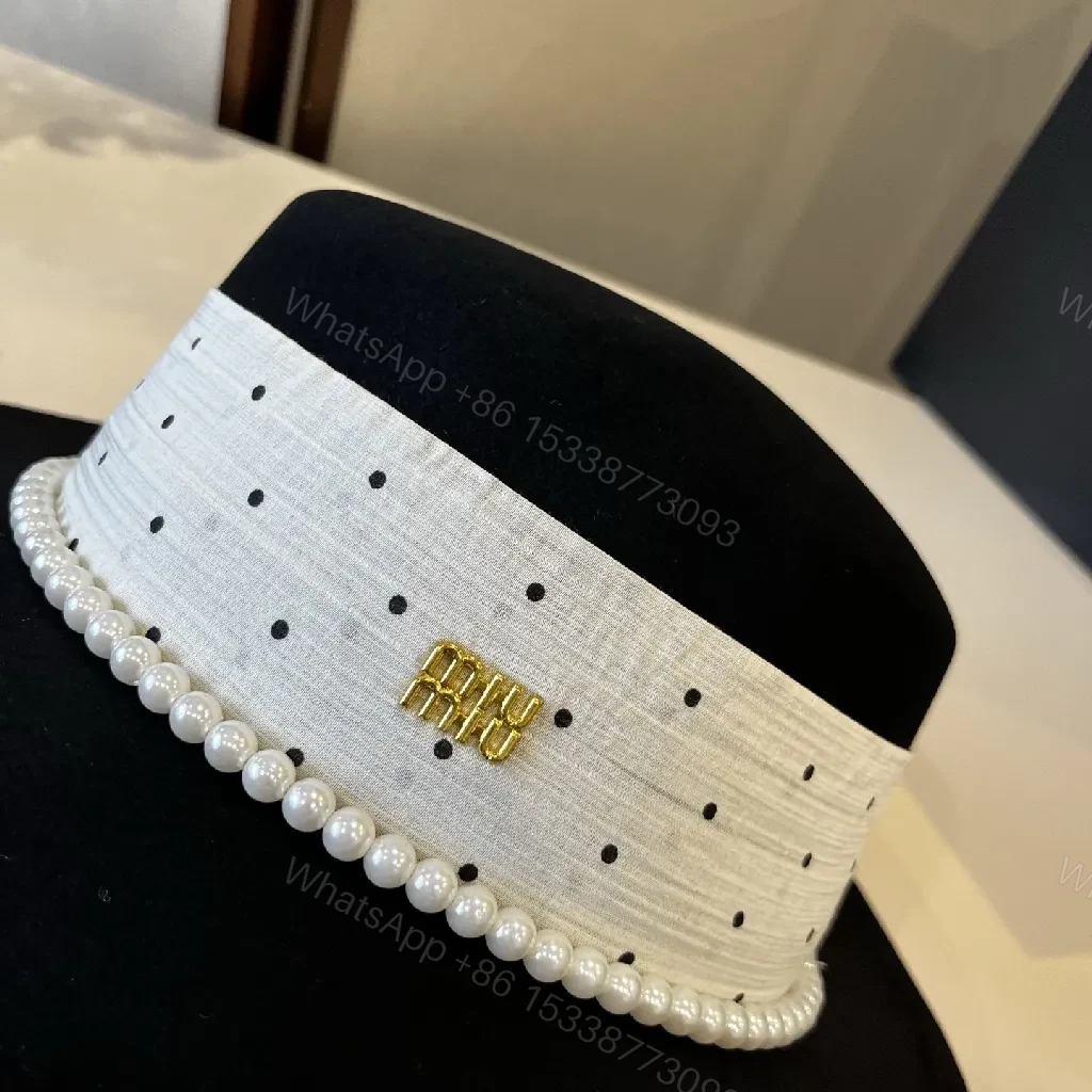 View 8 of Polka Dot Wide-Brim Hat with Pearl Trim, Felt, Luxe Style