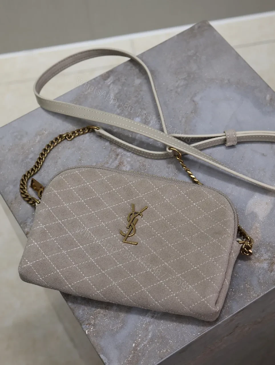 View 6 of Taupe Faux-Suede Quilted Crossbody, Elegant, Compact, Zippered Bag