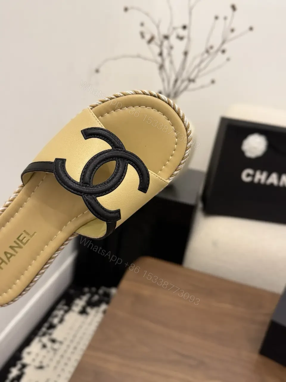 View 8 of Neutral Sand Leather Espadrille Slides with Logo Strap