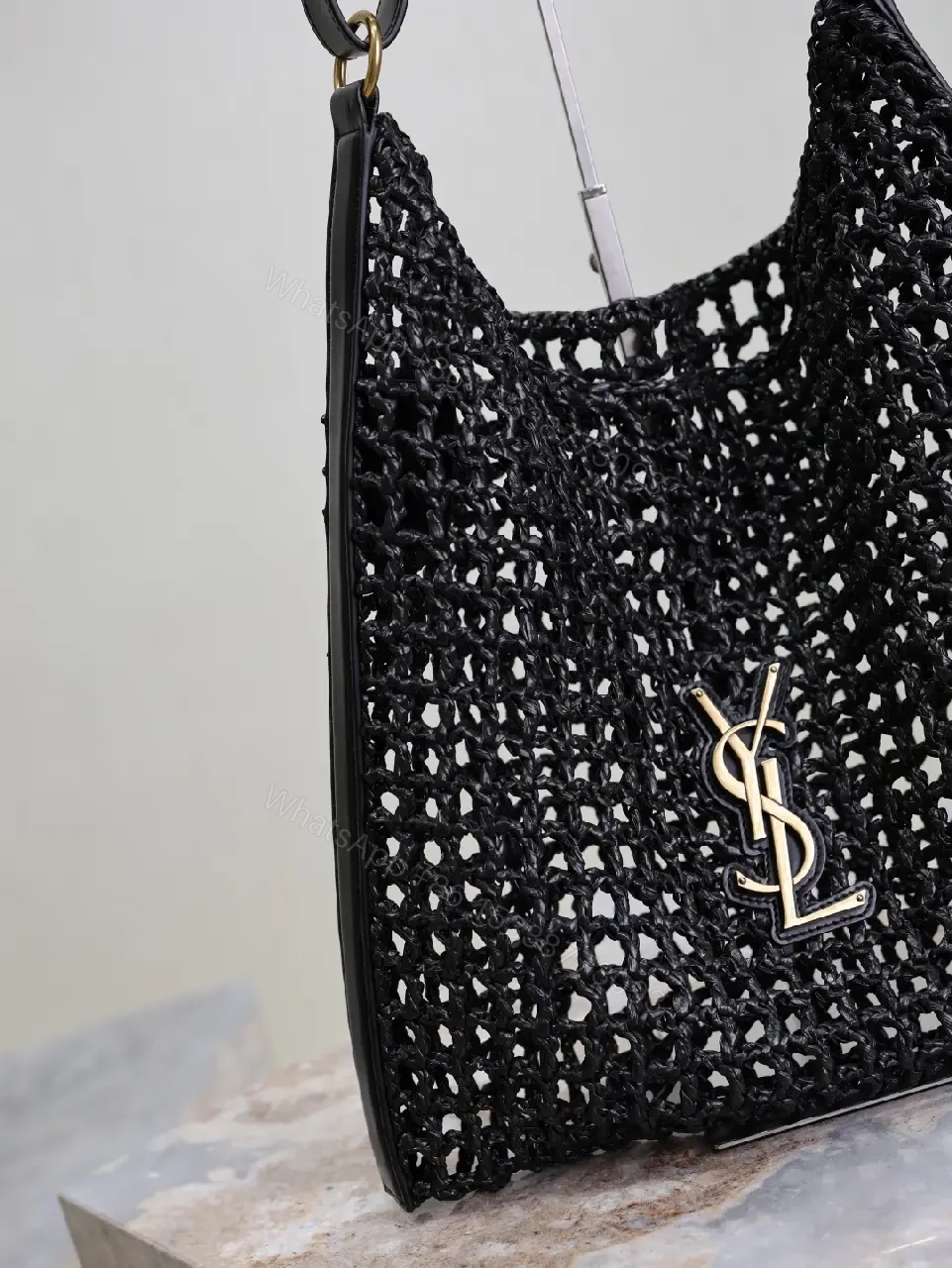 View 7 of Open-Knit Mesh Tote: Black Leather, Gold Monogram, Luxe Style
