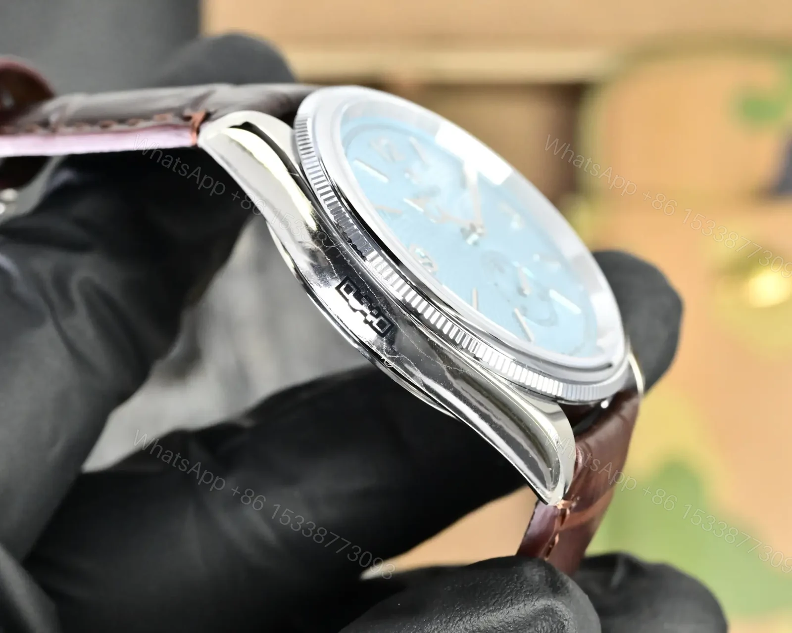 View 6 of Rolex Perpetual 1908 39 Platinum Ice Blue Dial Brown Leather Strap 52506-0002