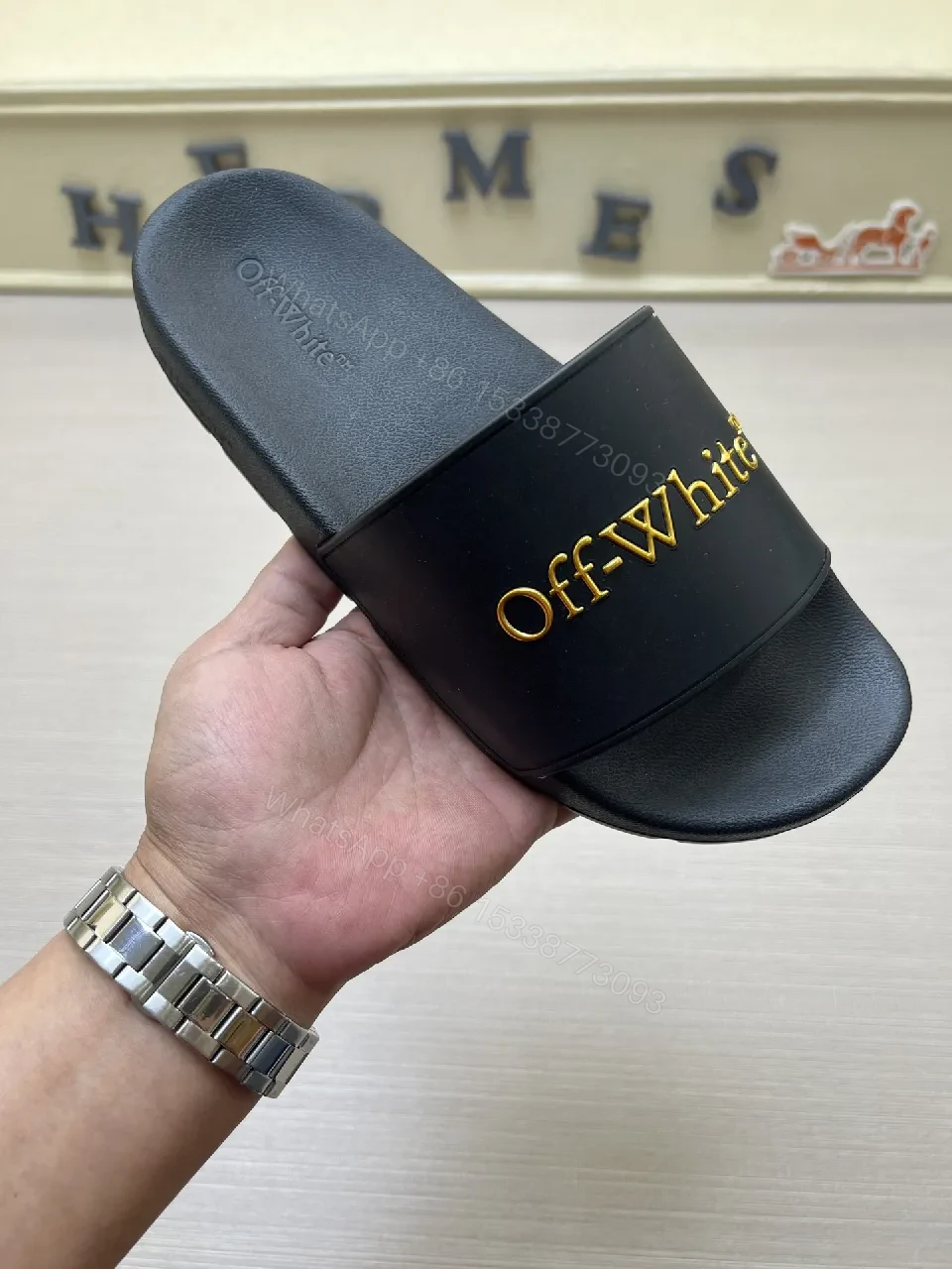 View 3 of Chic Faux-Leather Slide Sandals with Gold Logo Comfort