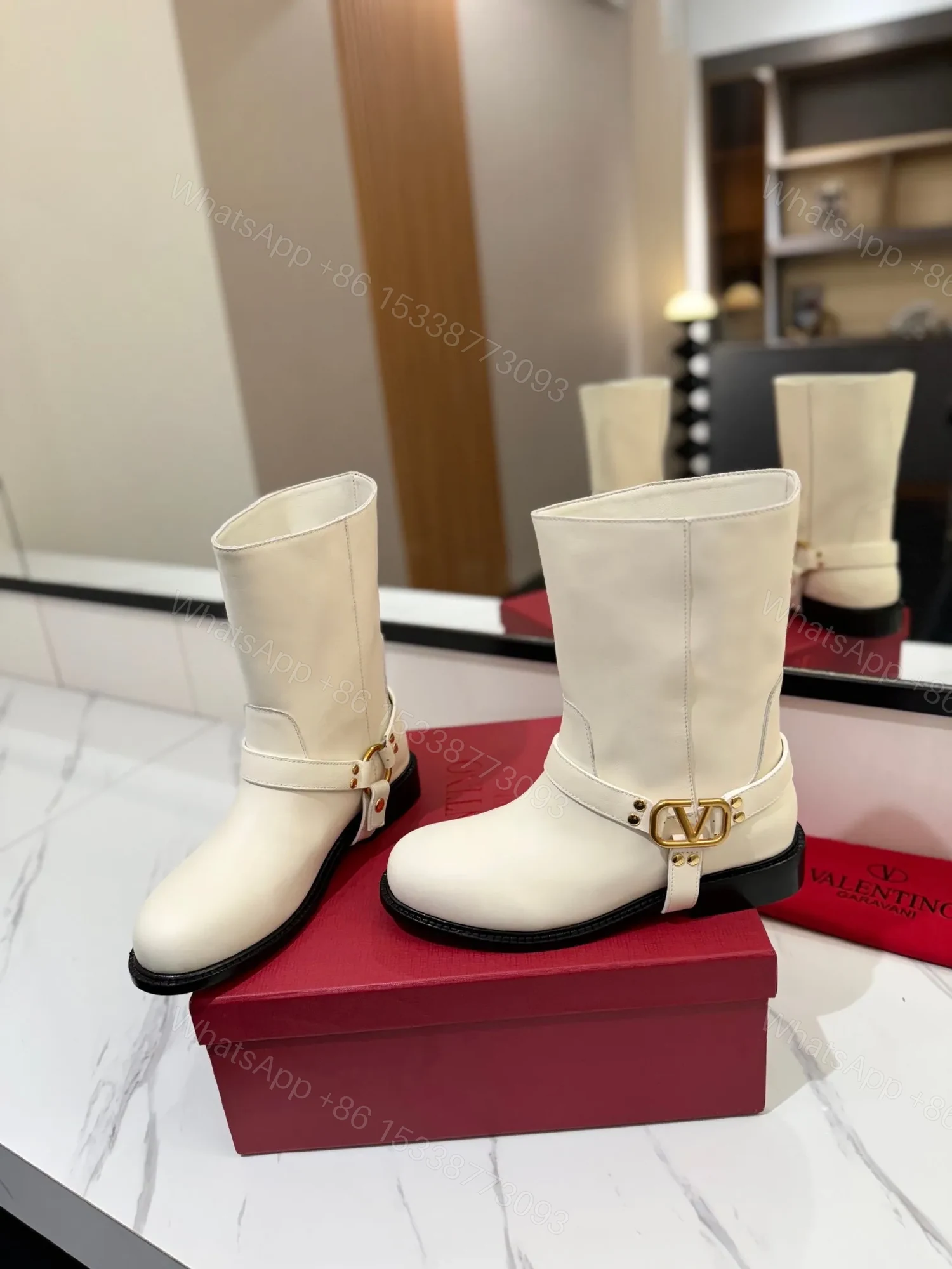 View 6 of Valentino Women White Leather Mid-Calf Boots