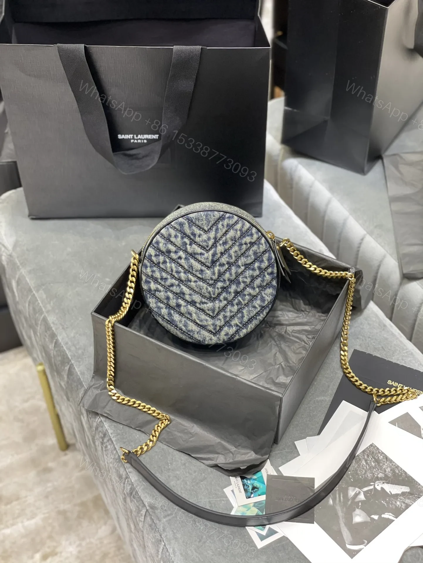 View 2 of Saint Laurent YSL Women Vinyle Round Camera Bag in Chevron-Quilted Denim and Suede
