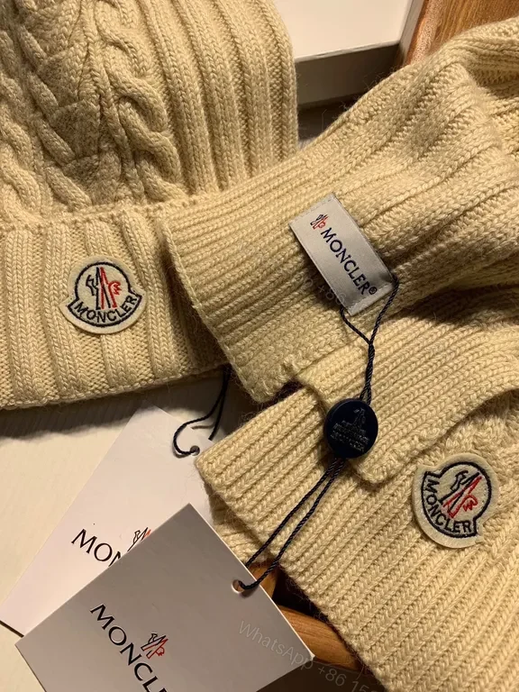 View 5 of Beige Ribbed Knit Beanie & Scarf Set â€“ Moncler Luxury Winter Accessory