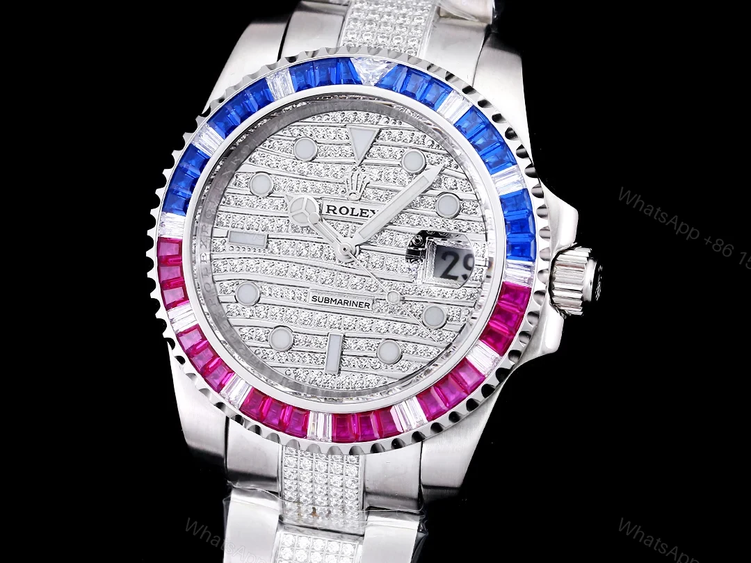 View 3 of Rolex Submariner Rainbow Diamond Replica 42MM Premium Meteorite Dial Pavé Oyster Bracelet RG-ROLEX-SUB-RAINBOW-DIAMOND-42