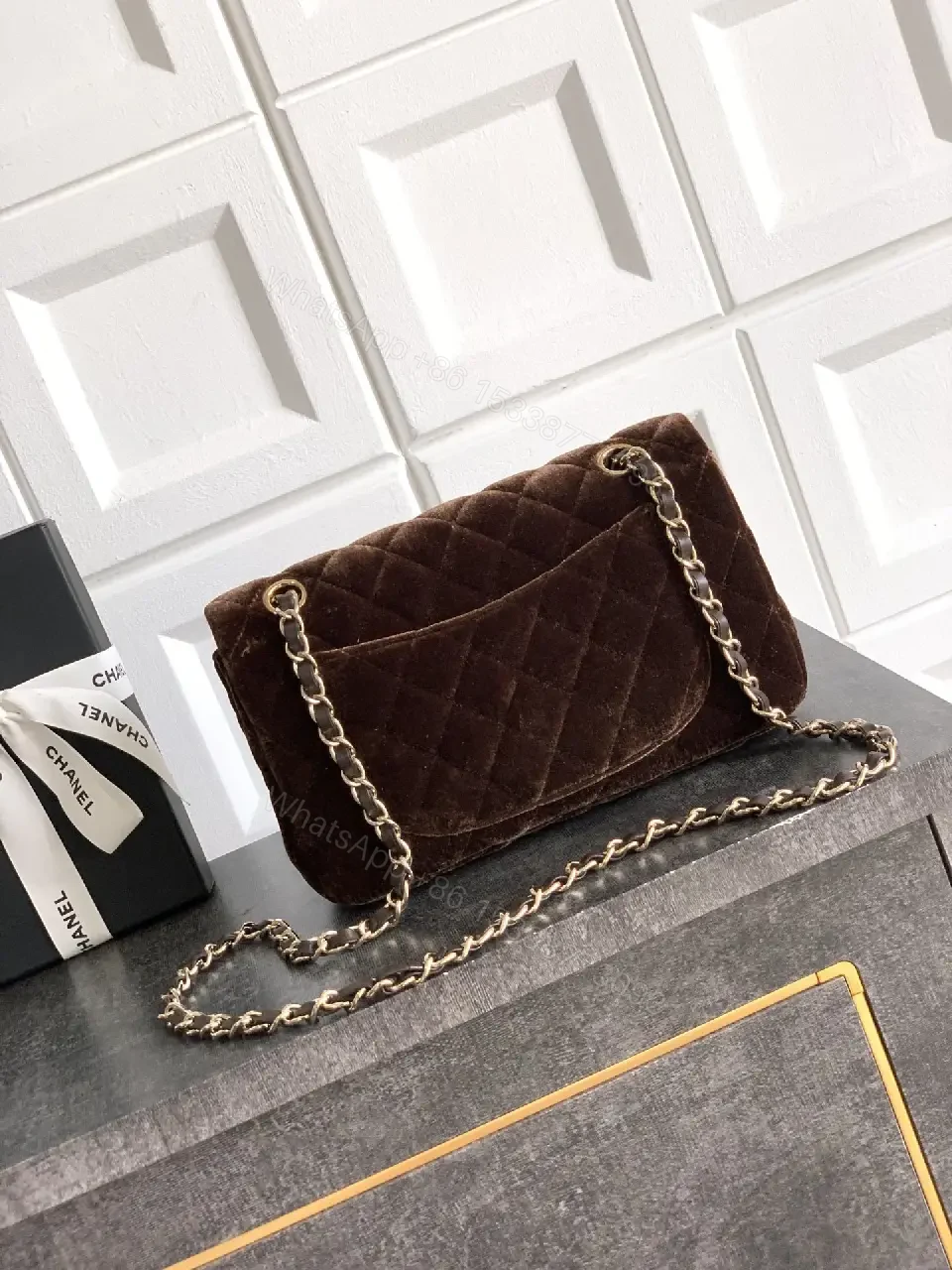View 7 of Velvet Chic Flap Bag: Gold Chain, Modern Couture-style