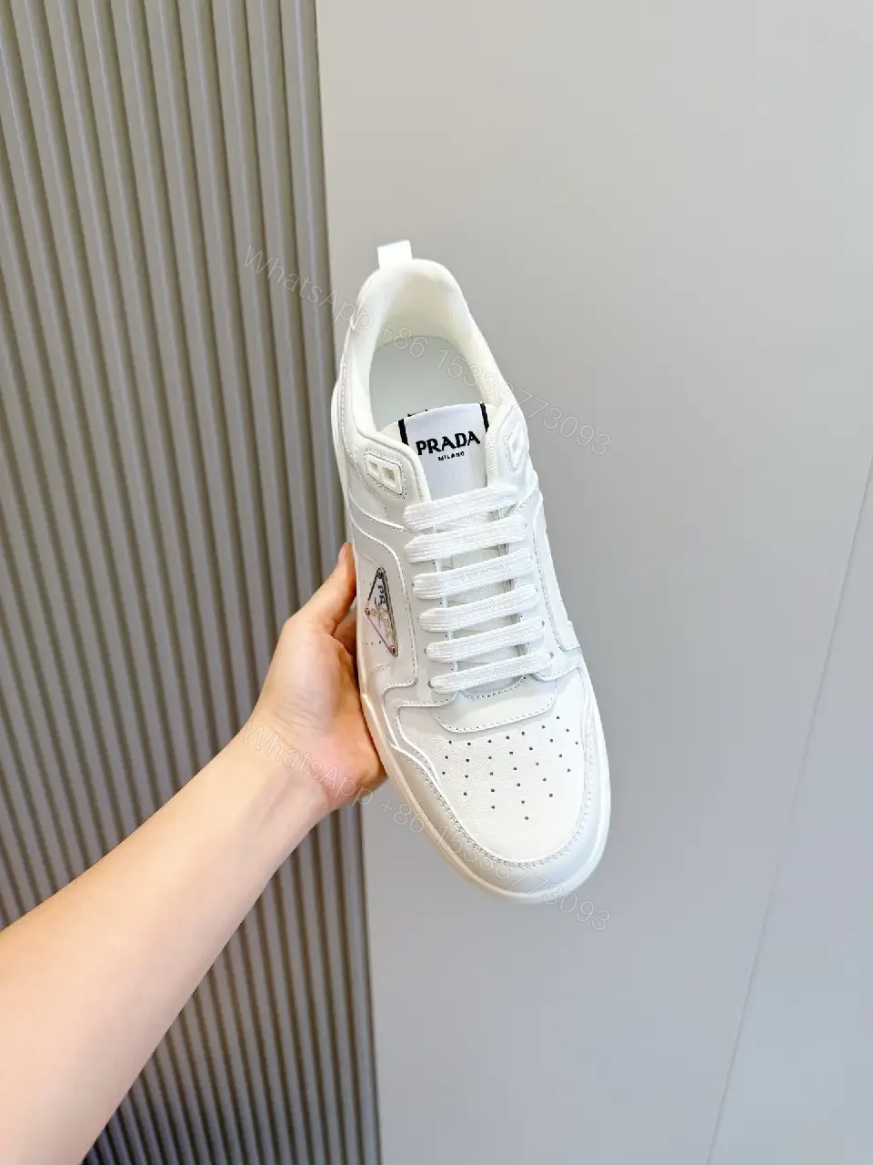 View 6 of White Leather Sneakers Minimalist Cushioning Prada Style Sneakers