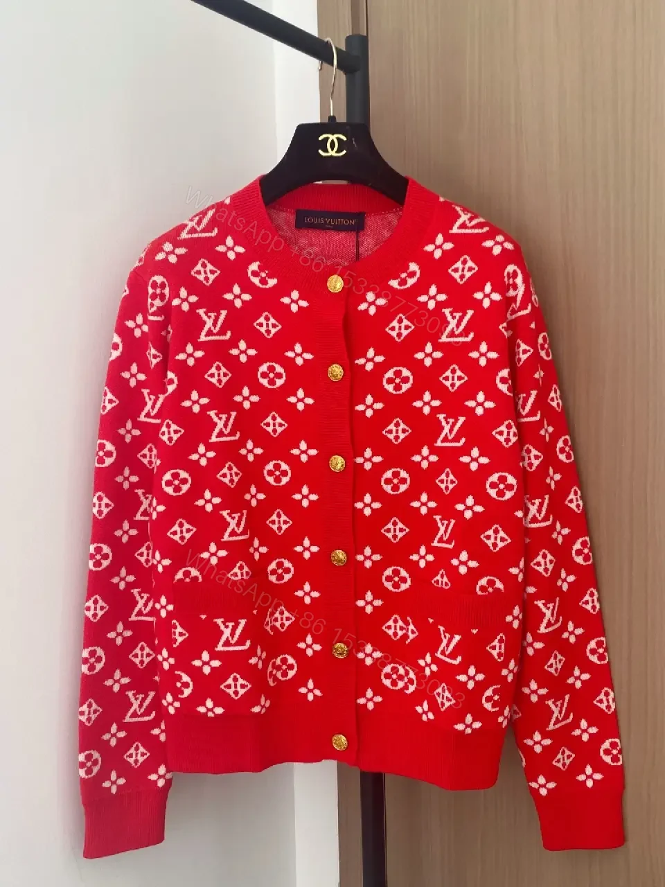 Bold Red Cardigan Knit with Gold Button Details — view 1
