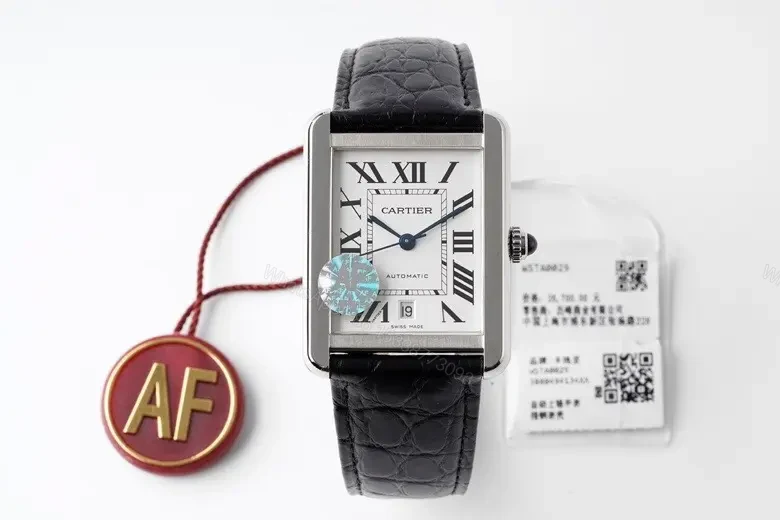 View 8 of V9 Factory Cartier Tank W5200028 Mechanical Watch – Silver Dial with Blue Hands, Black Leather Strap, Rectangular Style