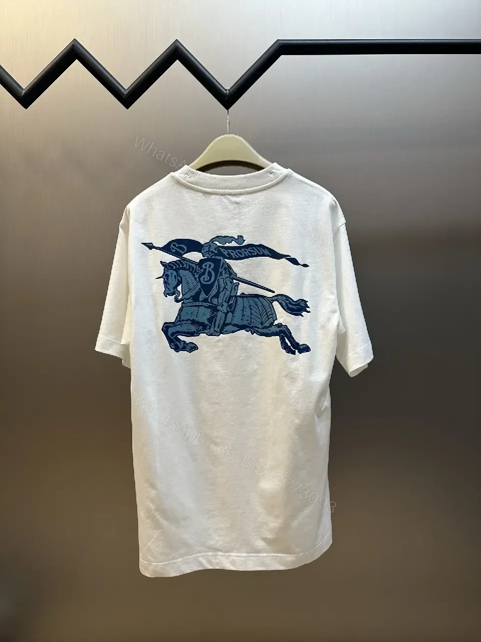View 8 of White Plain Knit Cotton Oversized T-shirt Burberry Logo Chest T-shirt