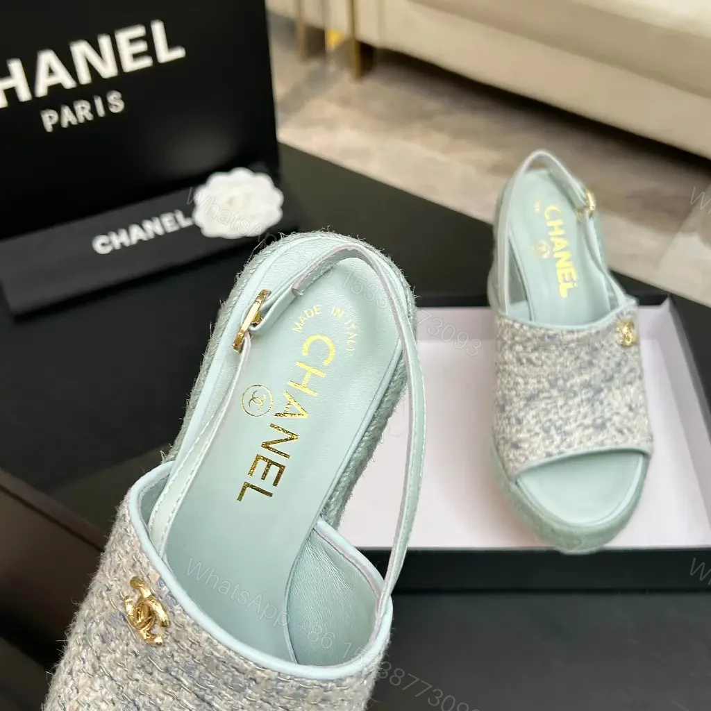 View 4 of Mint Boucle Espadrille Wedges – Platform Comfort, Logo Detail