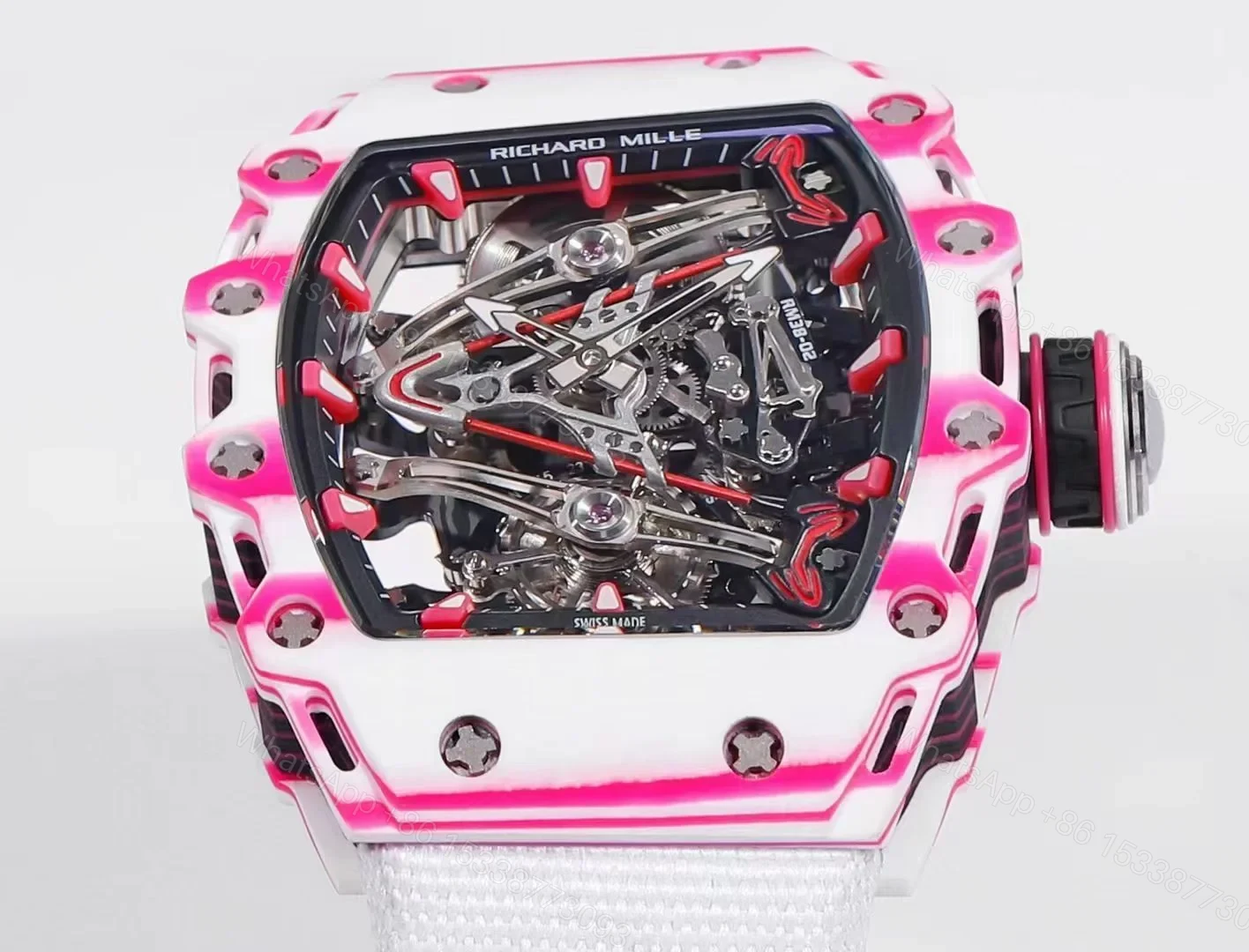 View 4 of Richard Mille RM38-02 Tourbillon Bubba Watson Watch White Strap Pink Quartz Carbon Fiber Skeleton Dial Golf Inspired Manual Winding Movement RM38-02-BW-WSP-PINK