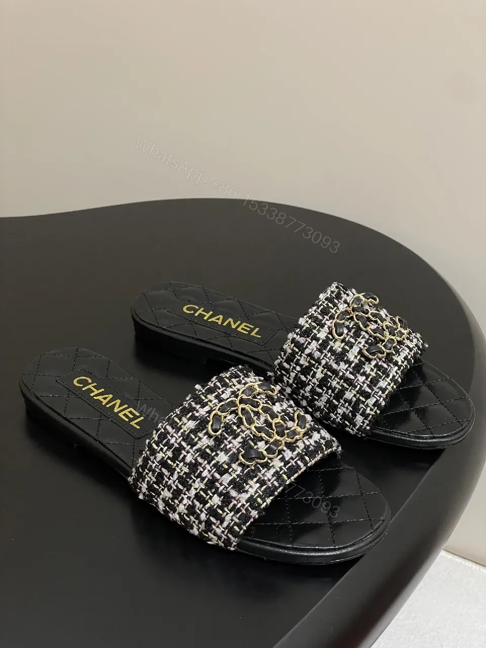 Tweed Slide Sandals with Gold Chain Detail, Lux Comfort — view 1