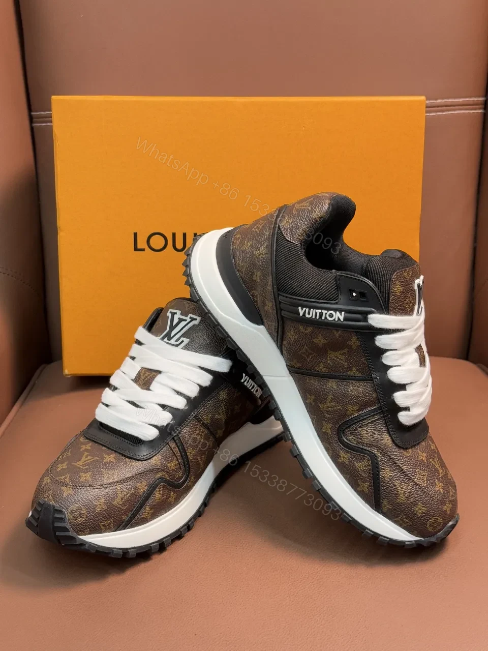 View 9 of Brown Monogram-Texture Sneakers with White Accents, Low-Top Style