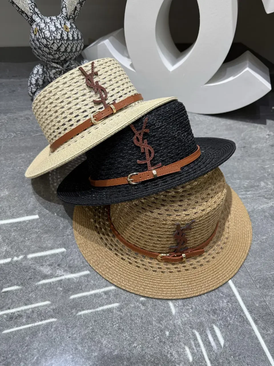 View 9 of Natural Straw Fedora Hat Leather Strap YSL Emblem