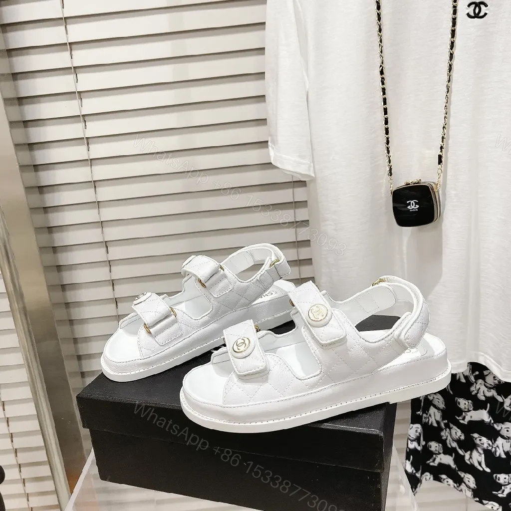 View 2 of White Quilted Sandals with Gold Hardware, Comfortable Luxury