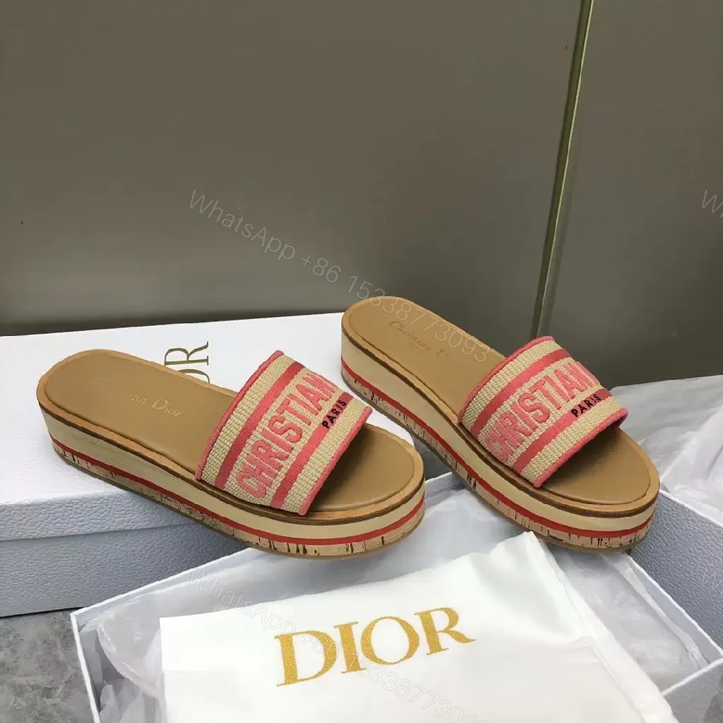 View 4 of Red-Tone Canvas Slide Sandals with Striped Band, Dior-inspired