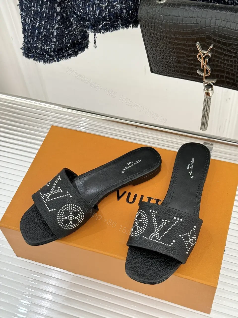 View 3 of Chic Leather Slide with Crystal Monogram Comfort Slips