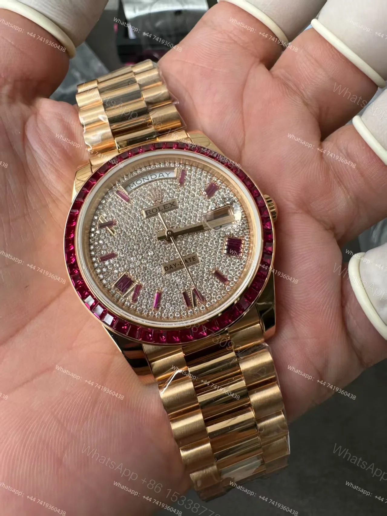 View 7 of Rolex Day-Date 228398TRU 1:1 Custom Edition Ruby & Moissanite Diamond Dial and Bezel 40MM 3255 Movement Super Clone Watch