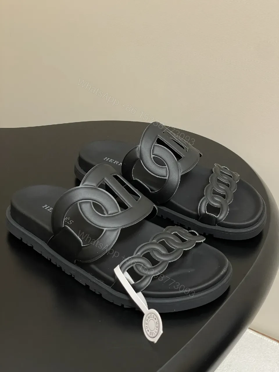 View 5 of Black Leather Double-Chain Slide Sandals: Modern Luxury