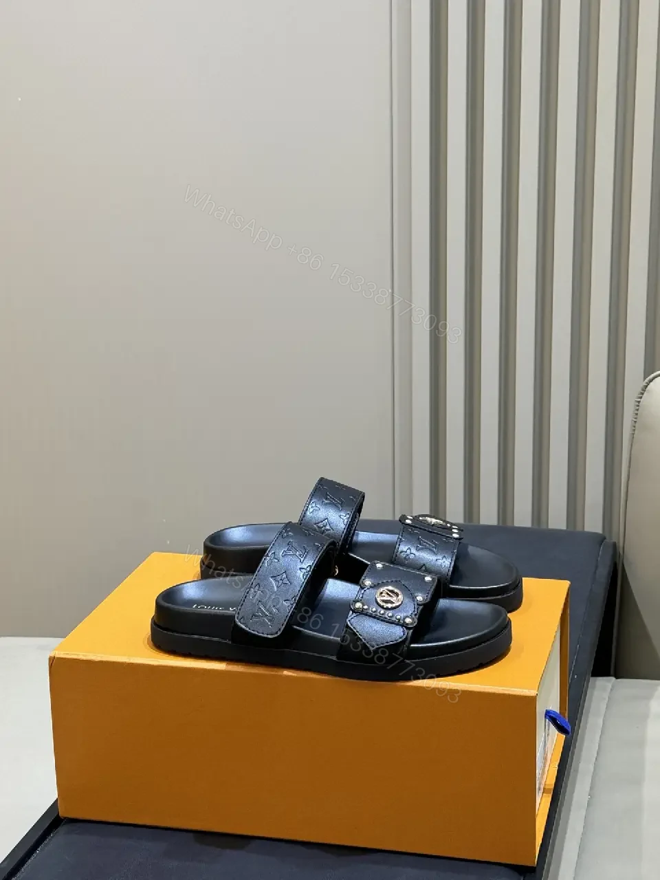 View 3 of Black Leather Slides Louis Vuitton Style Slide Sandals