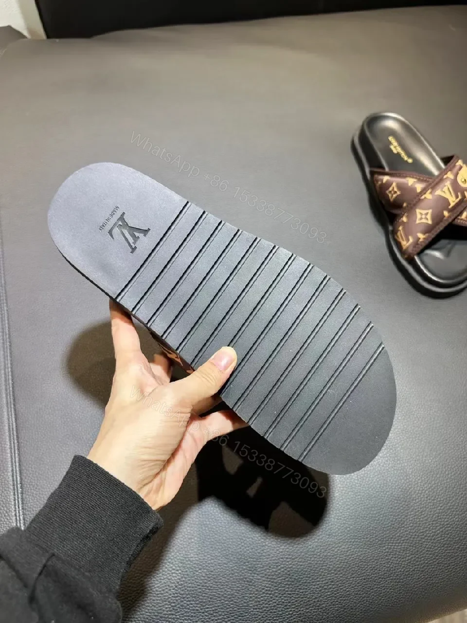View 5 of Brown LV-Inspired Cross-Strap Slides, Premium Comfort