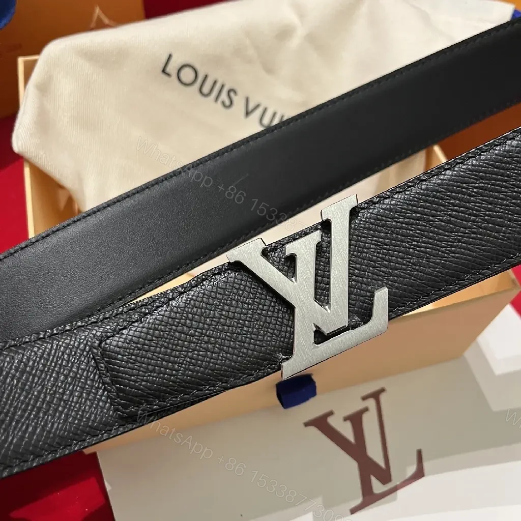 View 7 of Black Leather Belt with LV Buckle - Textured Full-Grain Formal Style