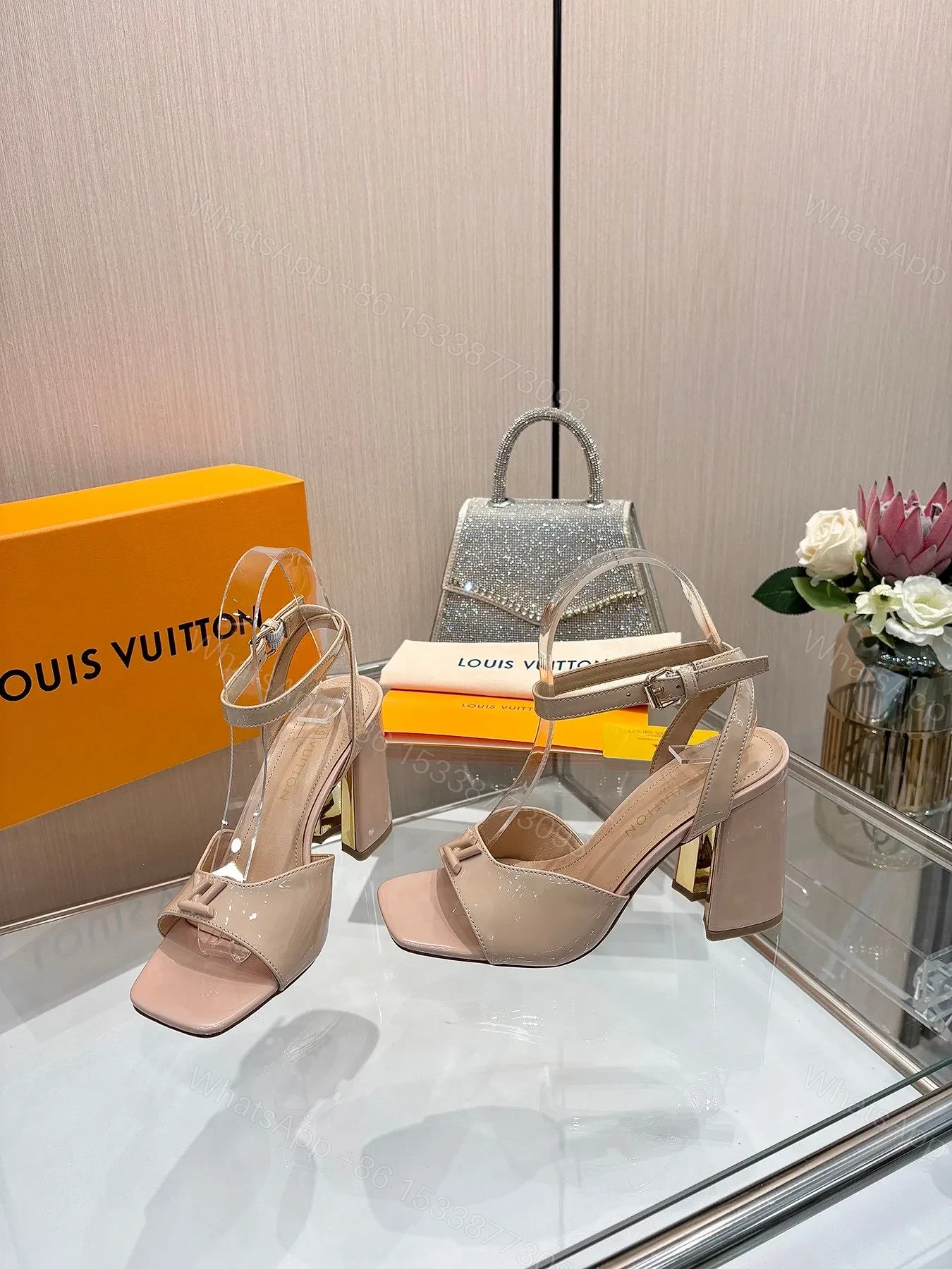 View 4 of LV Women Nude Patent Leather Block Heels